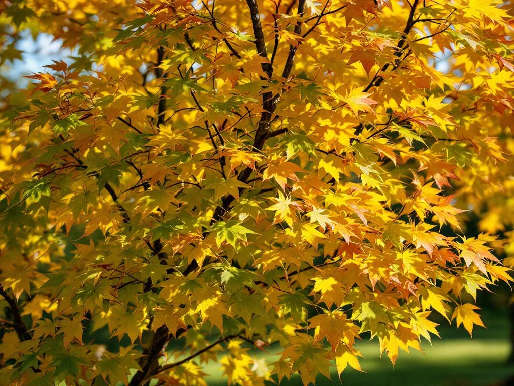 Veldesdoorn boom met gouden herfstbladeren in close-up, palmate bladeren en compacte kroon zichtbaar in natuurlijk licht