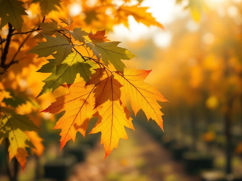 Acer campestre bladeren in herfstkleuren met gouden zonlicht in professionele boomkwekerij