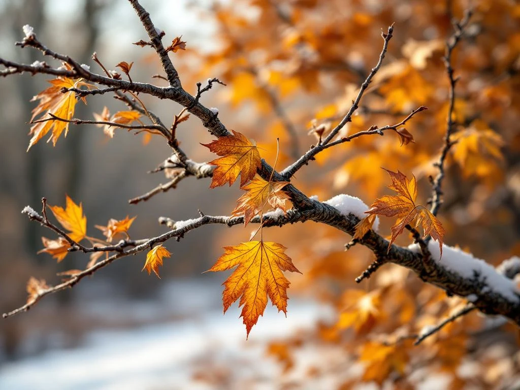 Acer campestre takken in winter met kale bast en gedroogde bladeren tegen wazige achtergrond