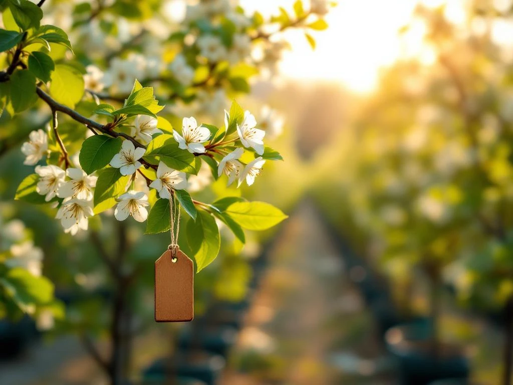 Amelanchier lamarckii takken met witte lentebloesem en groene bladeren in kwekerij met prijskaartje
