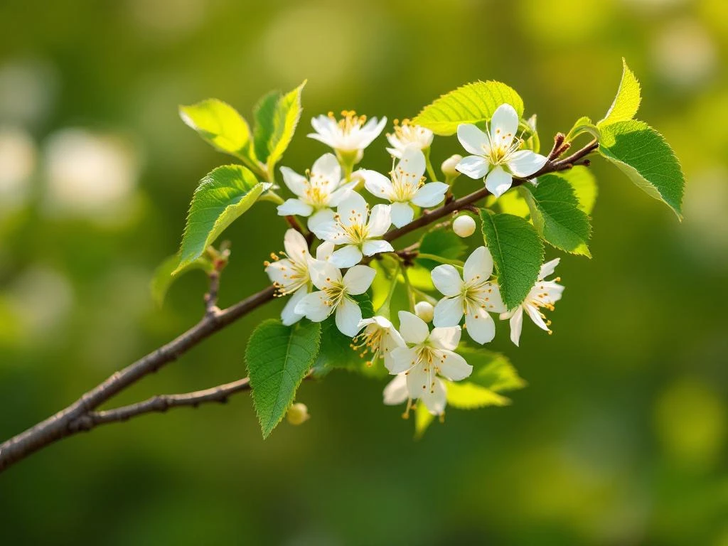 Amelanchier lamarckii takken met witte stervormige bloesems en groene getande bladeren in voorjaarslicht