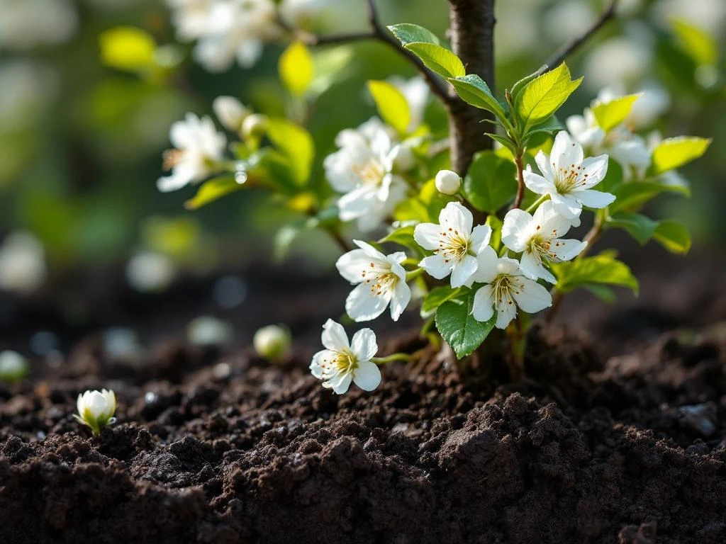 Amelanchier lamarckii krentenboom met witte bloesems en verse bladeren groeiend in donkere zure grond, dauw op bloemblaadjes