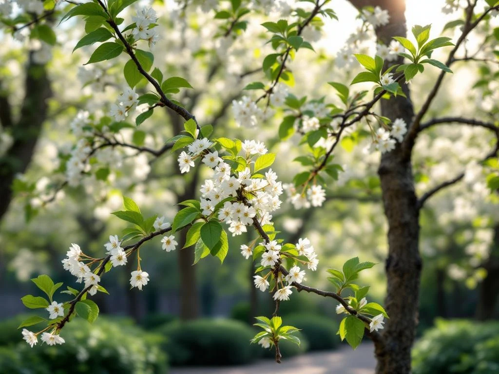 Volwassen Amelanchier lamarckii krentenboom met witte lentebloesem, gefotografeerd vanuit lage hoek in tuin