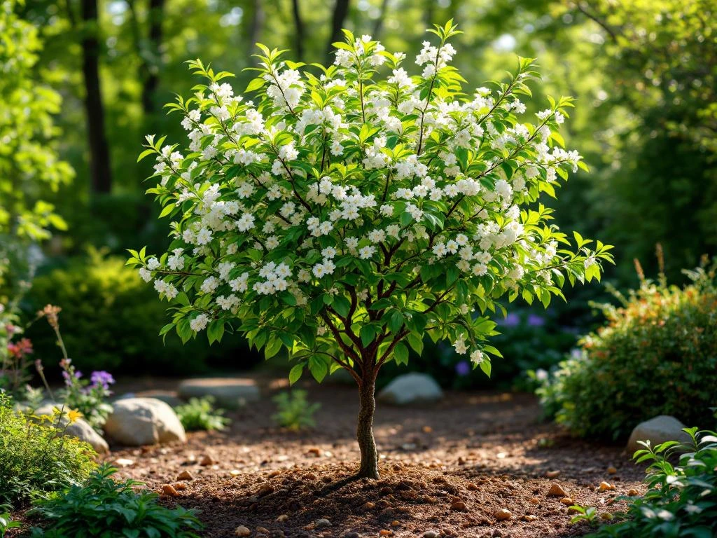 Amelanchier lamarckii krentenboom met witte lentebloesem in ideale tuinomgeving met gevlekte zonbelichting