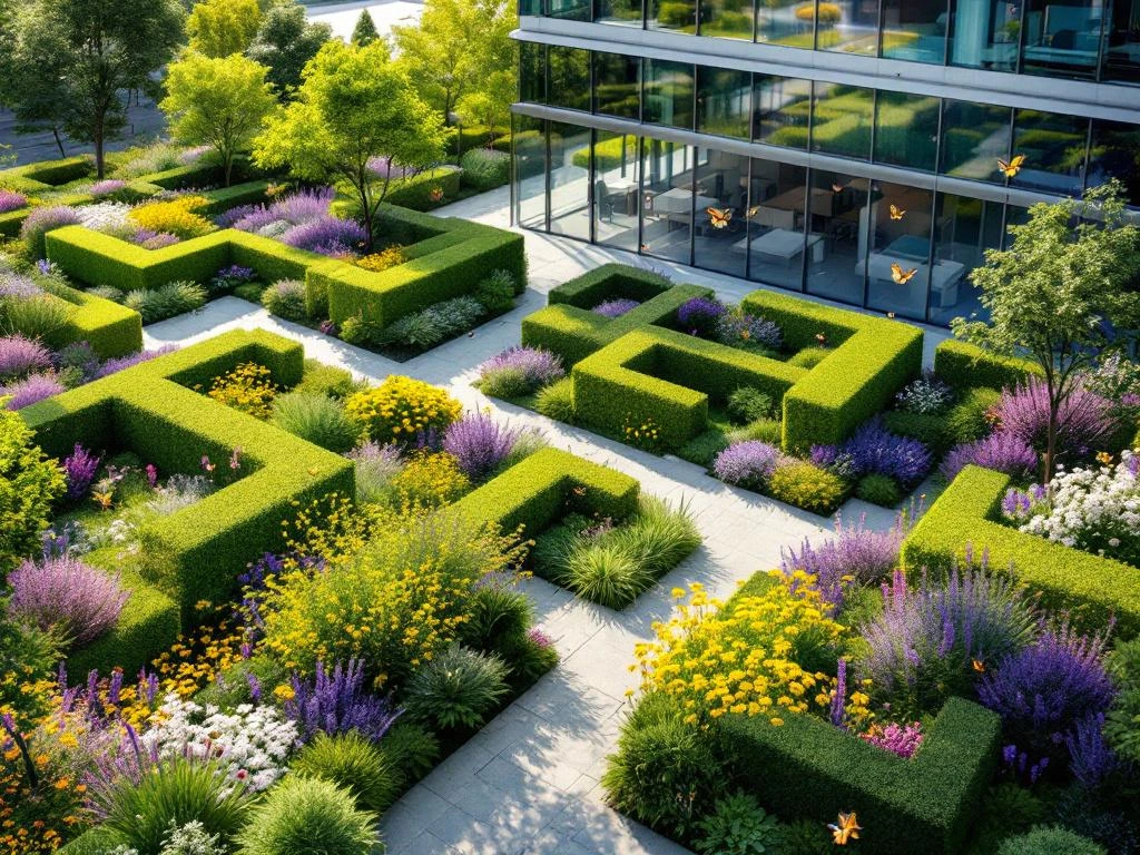 Luchtfoto van moderne bedrijfstuin met wilde bloemen, geometrische hagen, kantoorgebouw en vliegende bestuivers