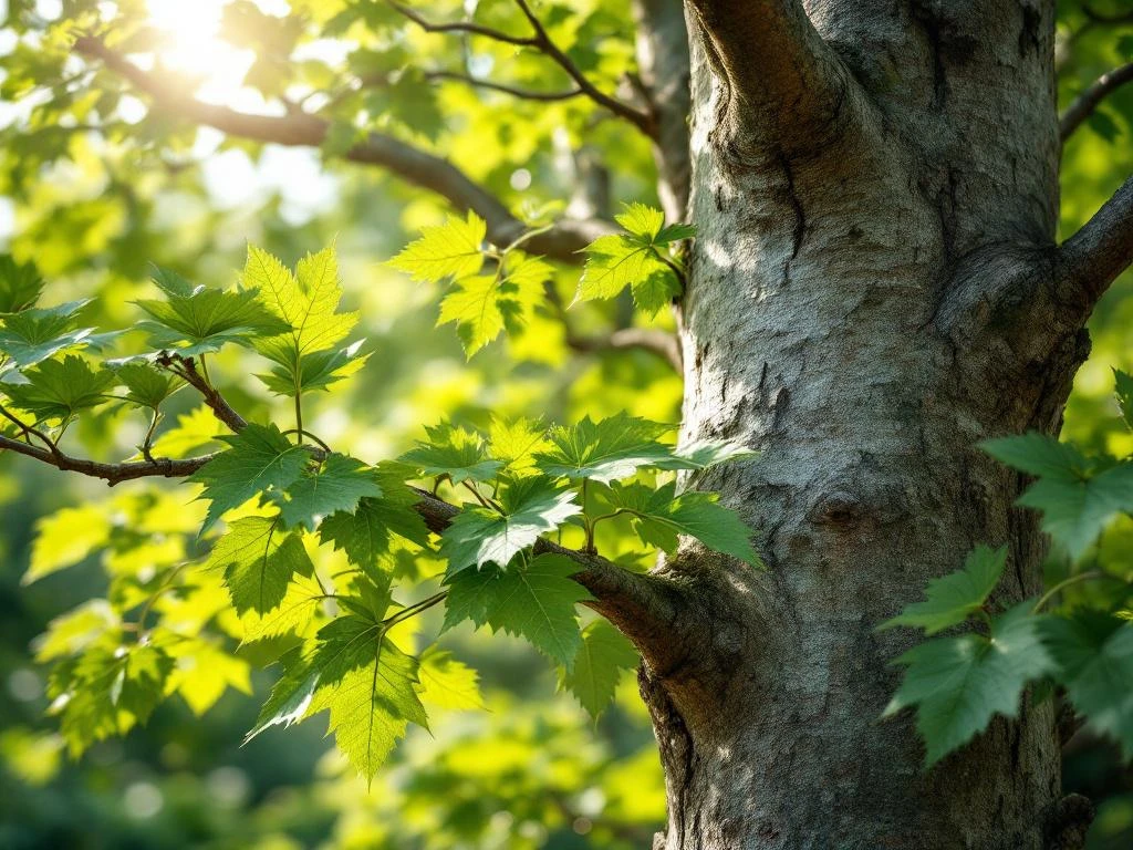Volwassen beukenboom met gladde grijze bast en getande groene bladeren in gefilterd zonlicht