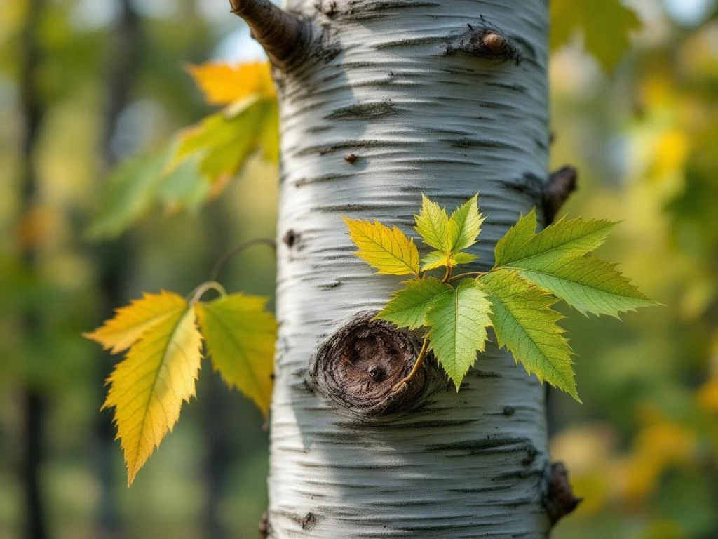 Beukenboom met gladde grijze bast, getande bladeren en bruine knoppen in zomer- en herfstkleur