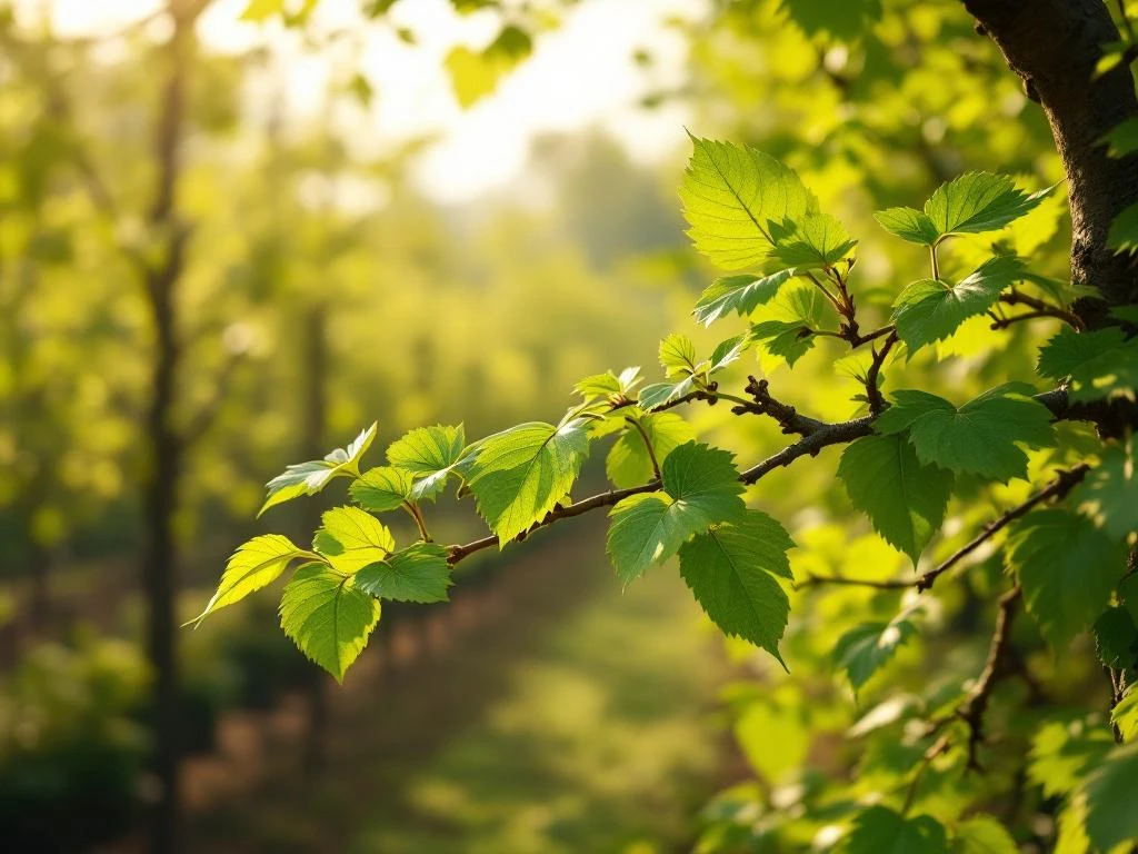 Beukenboom met nieuwe lenteblaadjes die ontspruiten uit knoppen, met zonlicht en kwekerij op achtergrond