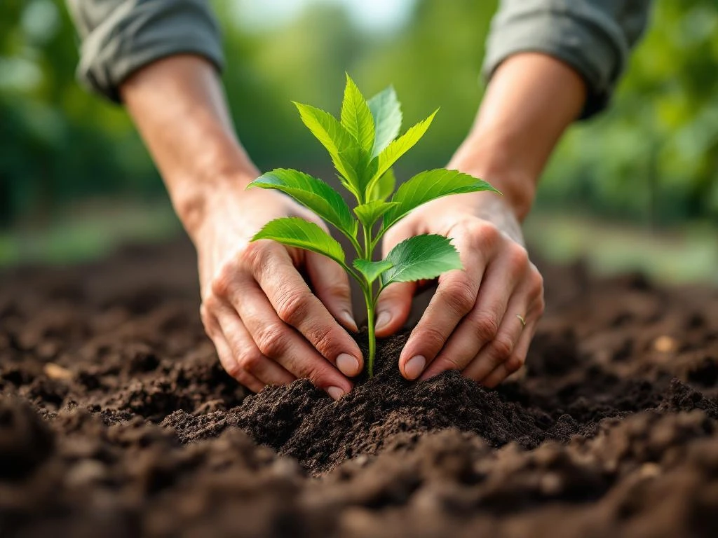 Handen planten jonge beukenboom in donkere grond met groene bladeren en heggenrijen op achtergrond