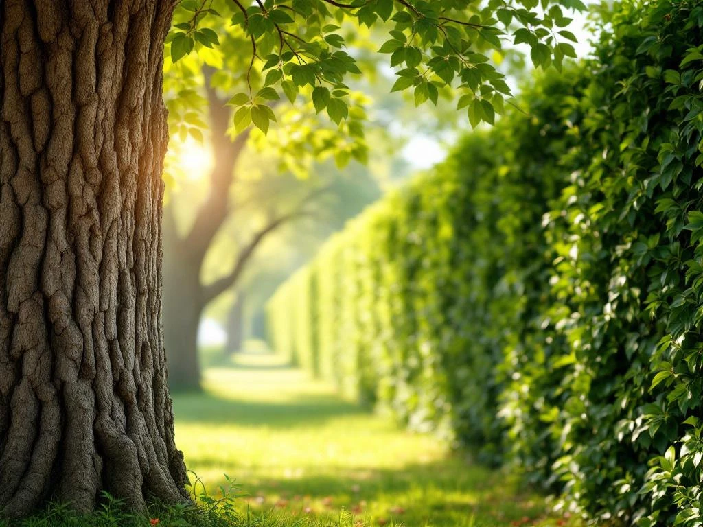 Beukenboom stam met gedetailleerde schors en groene beukhaag op achtergrond in natuurlijk zonlicht