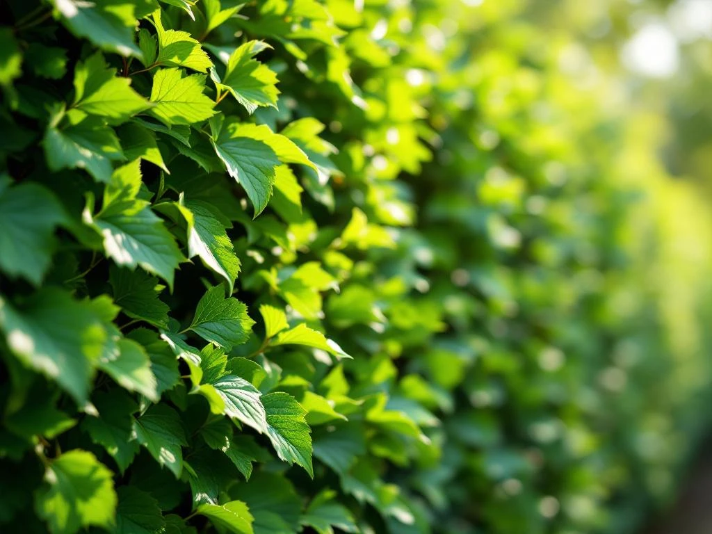 Groene Fagus sylvatica bladeren in close-up met beukhaag op achtergrond, meetlat toont groei in ochtendlicht