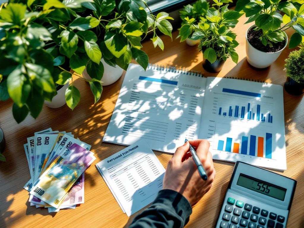 Moderne kantoorbureau met calculator, euro bankbiljetten en financiële spreadsheets, omringd door groene beukenhagen