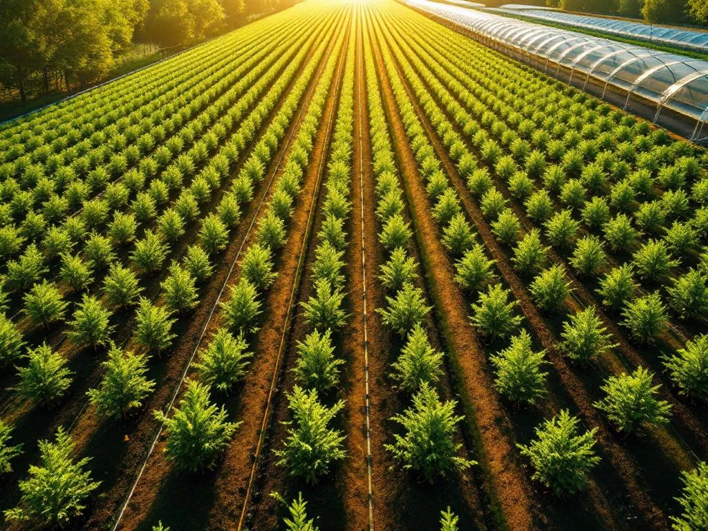 Luchtfoto van commerciële beukenhegplantage met jonge Fagus sylvatica in geometrische rijen tijdens gouden uur