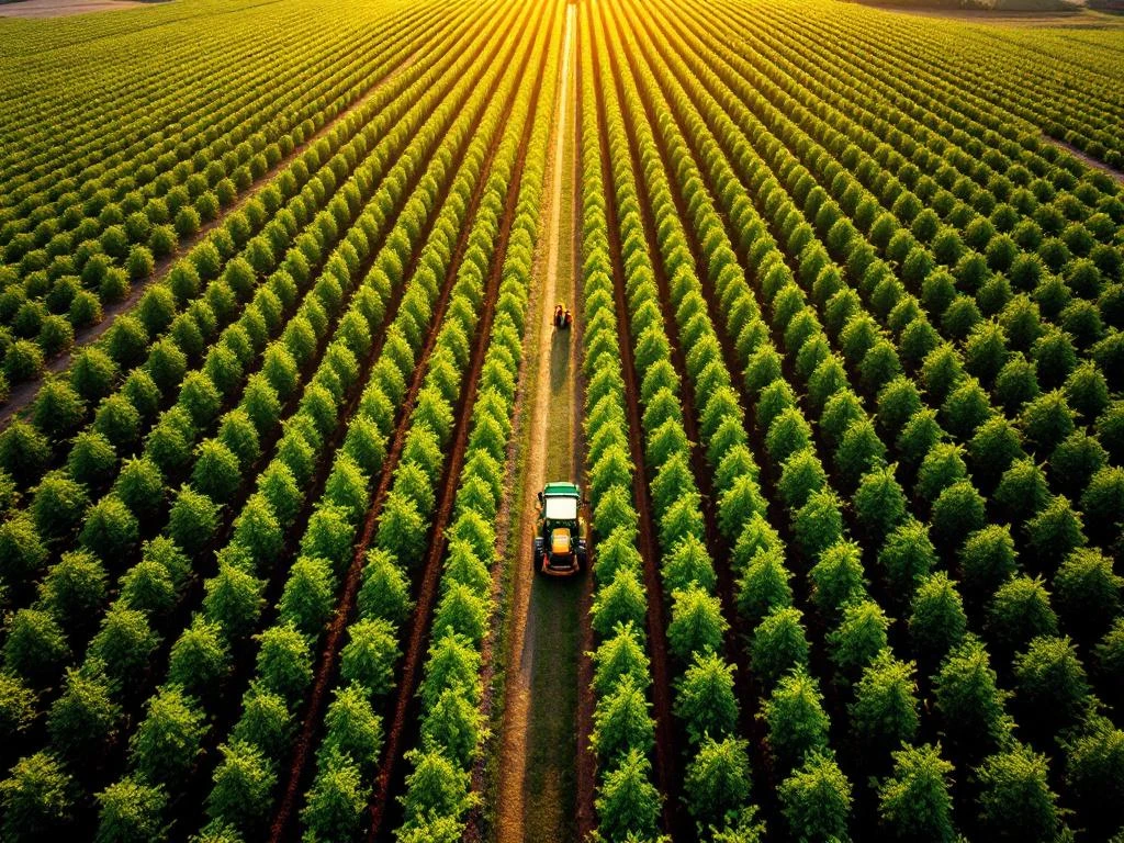 Luchtfoto van commerciële beukenhagenkwekerij met geometrische rijen Fagus sylvatica en landbouwmachines op glooiend land
