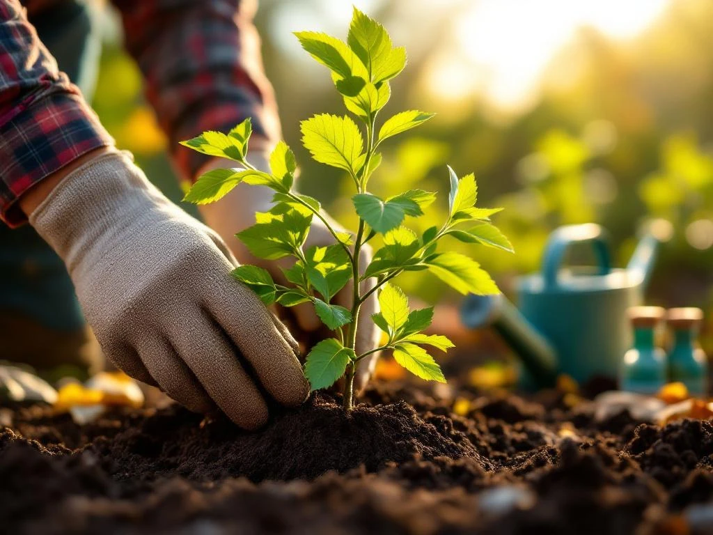 Handen in tuinhandschoenen planten jonge beukhaag zaailing in donkere grond tijdens gouden uur met tuingereedschap