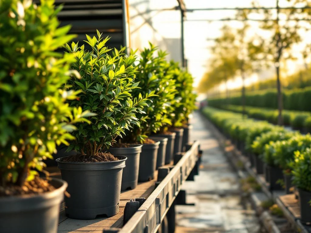 Professionele levering van beukenhagen in kwekerij containers op vrachtwagen bij tuincentrum faciliteit
