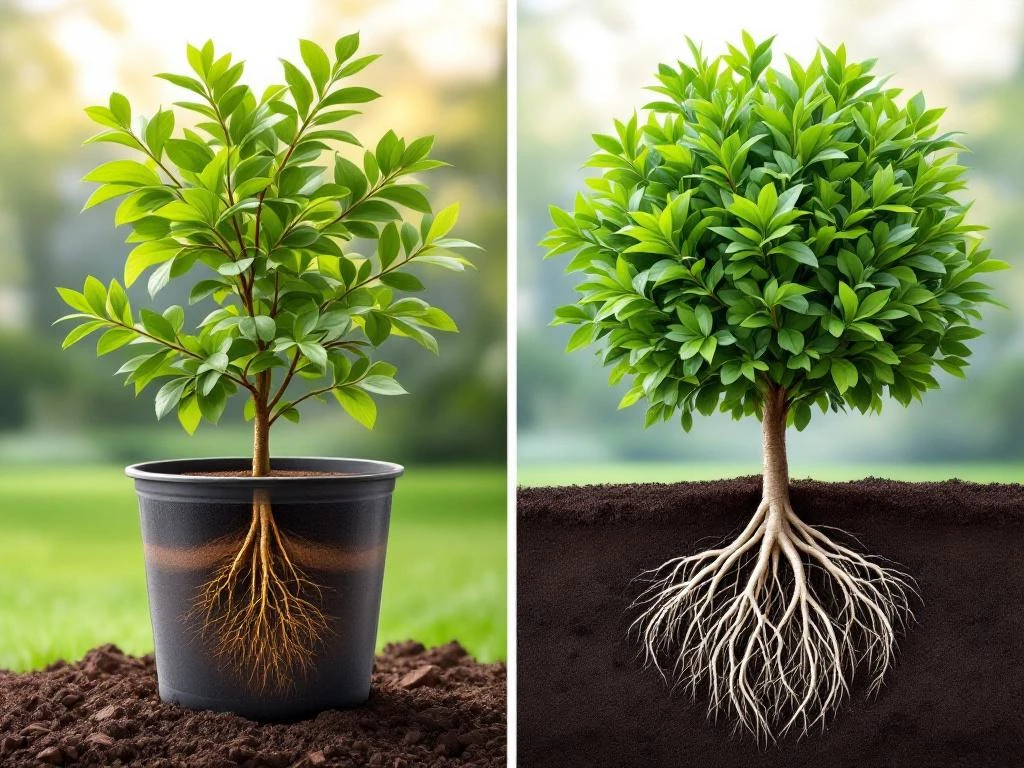 Vergelijking van beukenhagplanten: containerplant in pot links, blote wortel plant rechts, beide met gezond groen blad