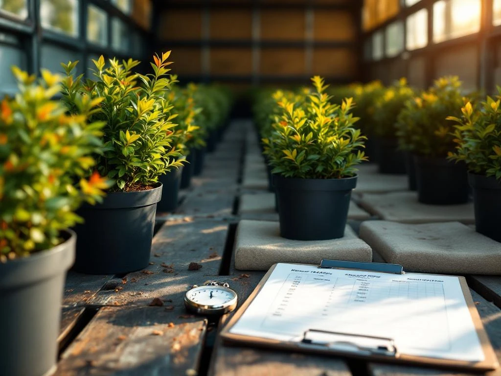 Leveringswagen vol met beuk haagplanten in kwekerij containers, klembord en stopwatch op voorgrond voor tijdige levering
