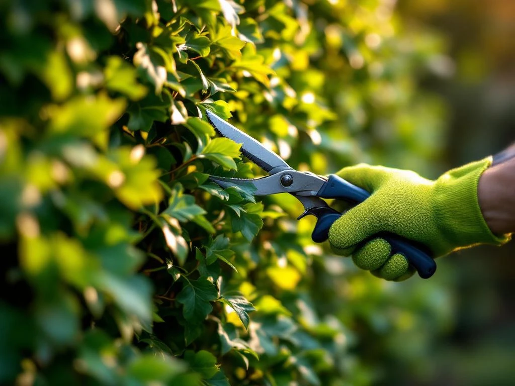 Tuinman snoeit groene beukhaag met professionele snoeischaar in gouden middaglicht