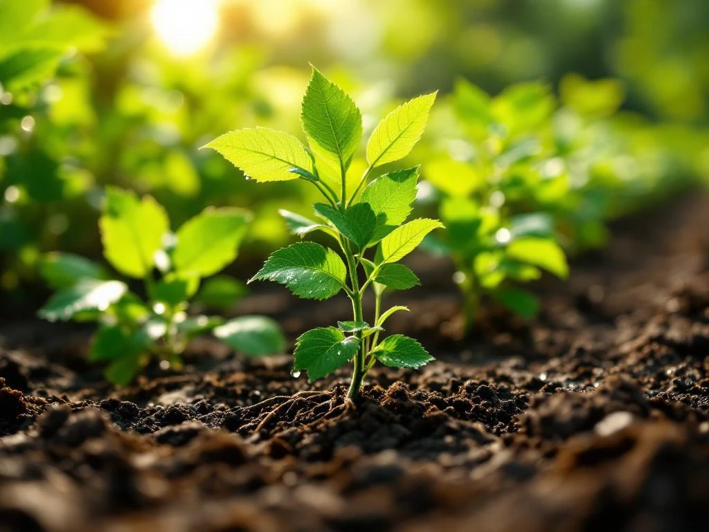 Jonge groene beukenheg zaailingen (Fagus sylvatica) groeien in vruchtbare donkere grond met zichtbare wortelsystemen