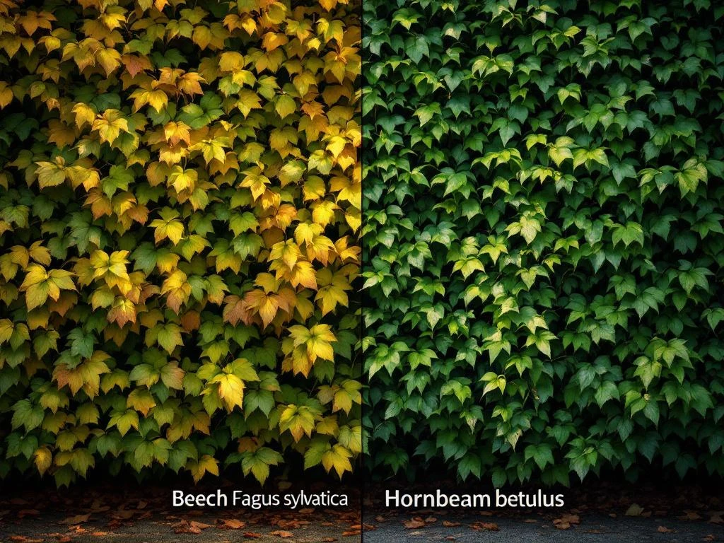 Beuk- en haagbeukhaag naast elkaar, met groene en gouden bladeren in natuurlijk zonlicht in tuinomgeving