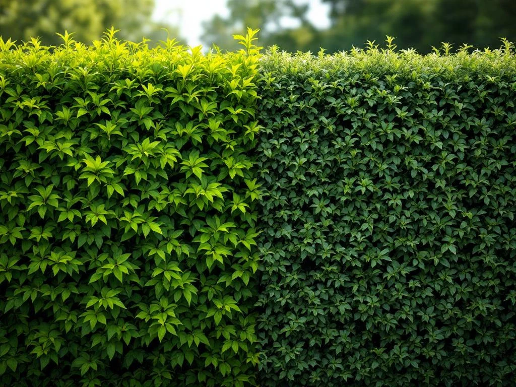 Vergelijking van groene beukhaag en haagbeukhaag in tuin, beide 1,5 meter hoog met verschillende bladstructuren