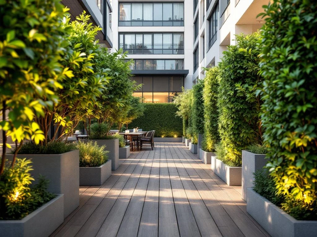 Moderne kantoorterras met gemanicuurde beukenhaag als natuurlijke privacyscherm tussen zitgebieden