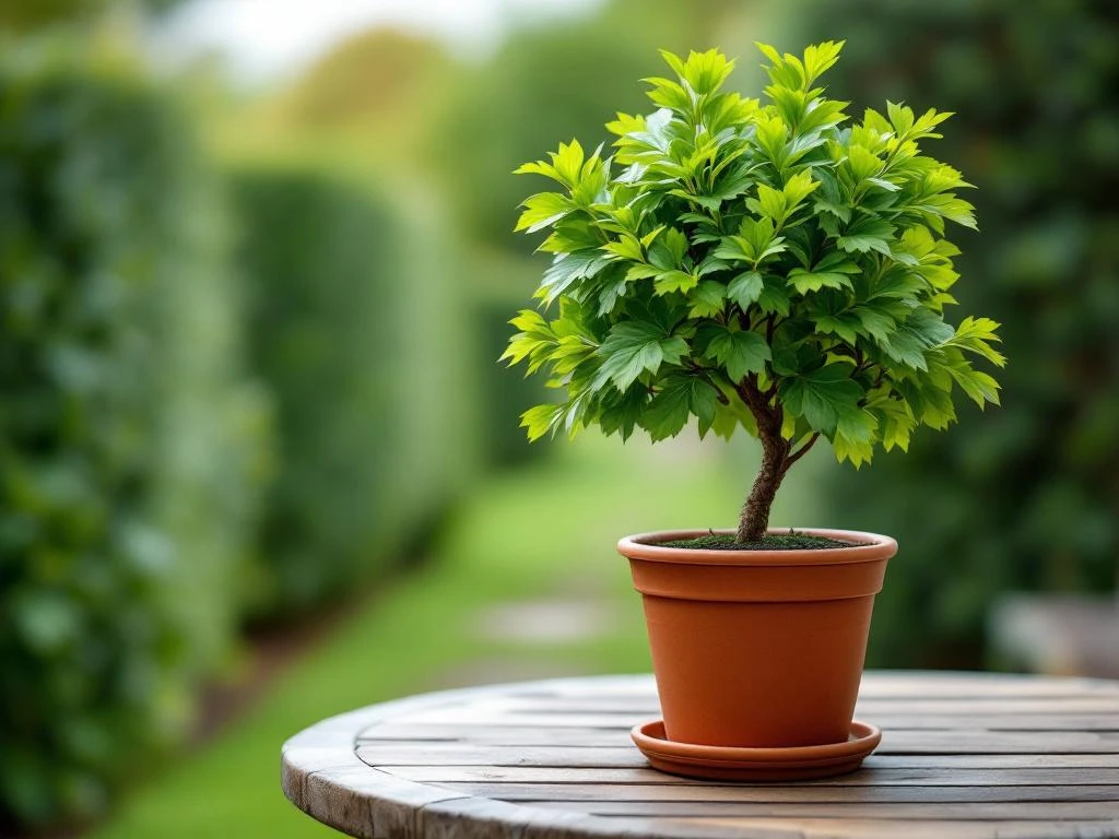 Kleine beuken bonsai boom in terracotta pot op houten tuintafel met weelderig groen blad en zachte natuurlijke belichting