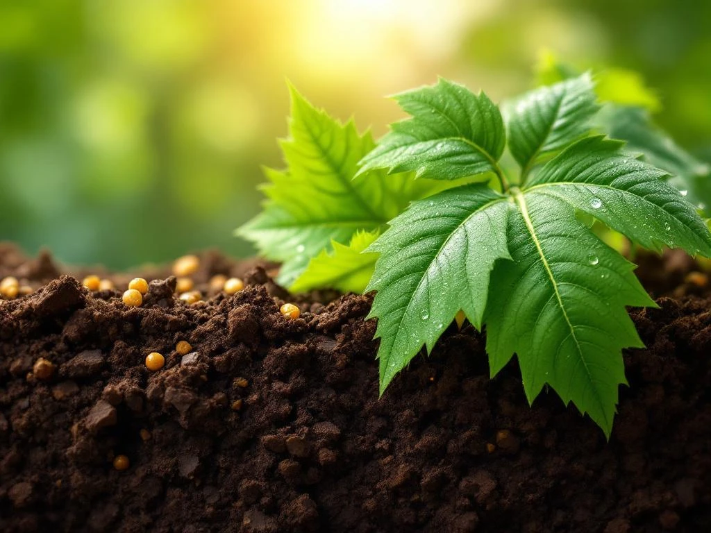 Groene beukenbladeren met dauw op vruchtbare grond met compost en natuurlijke meststof korrels