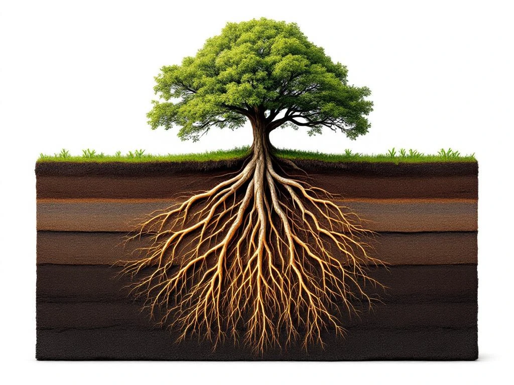 Dwarsdoorsnede van een beukenboom met groene bladeren bovengronds en uitgebreid wortelstelsel in gelaagde bodem