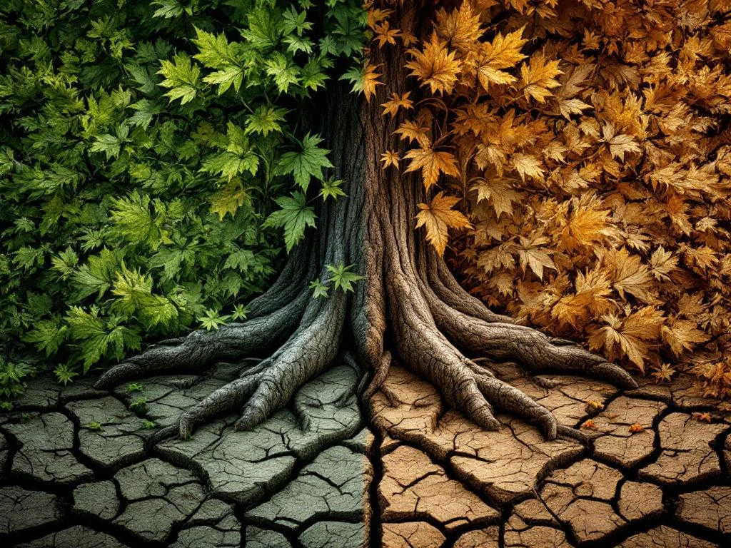 Beukenboom met gezonde groene bladeren links en verdorde bruine bladeren rechts door droogtestress, gebarsten aarde