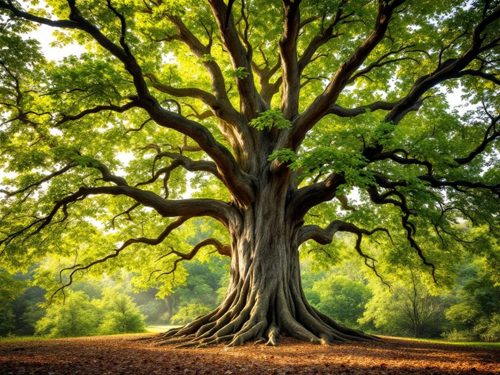 Majesteitelijke beukenboom met dikke stam en weelderig bladerdek in gouden avondlicht in serene bosomgeving