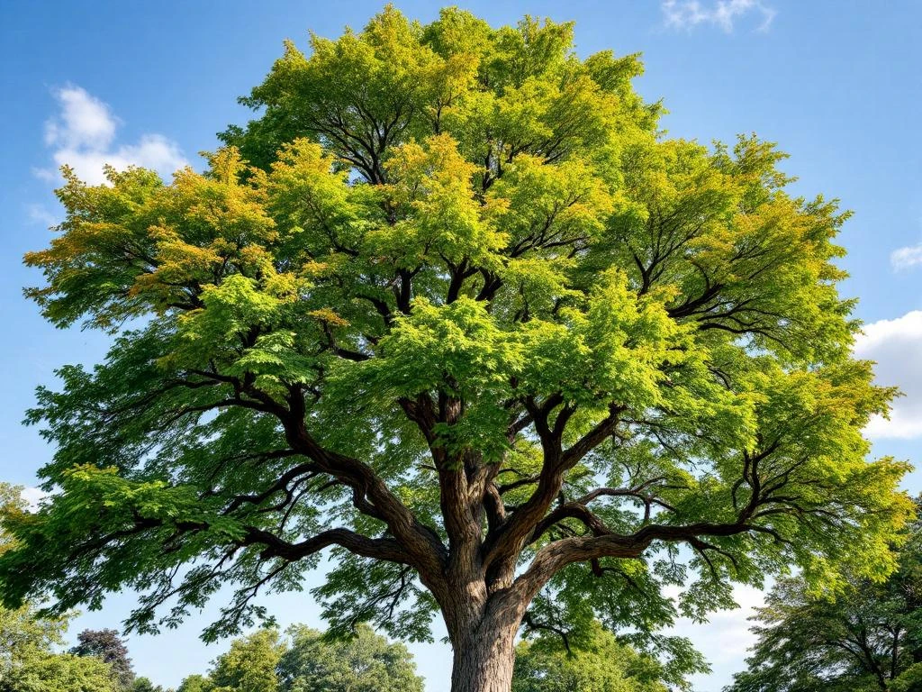 Imposante meerstammige beukenboom met weelderig groen en goudbruin blad gefotografeerd vanuit lage hoek tegen blauwe lucht