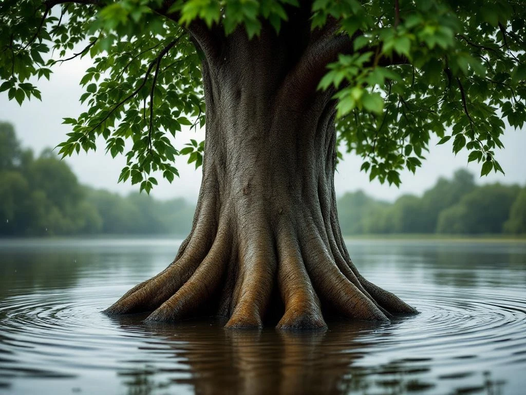 Beukenboom met gladde grijze schors staat in overstromingswater met weelderig groen bladerdek tegen bewolkte lucht