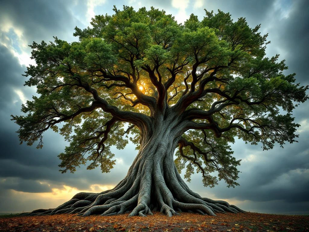 Majestueuze beukenboom met gladde grijze bast gefotografeerd vanuit lage hoek tegen dramatische hemel, zonlicht door bladeren