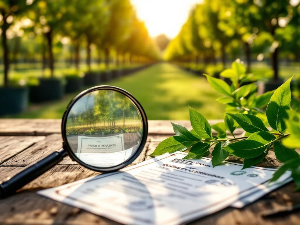 Gezonde beukenheg zaailingen in professionele kwekerij met kwaliteitscertificaten en vergrootglas op houten tafel