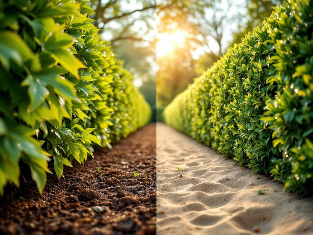 Beukenhaag in twee omgevingen: links weelderig groen in vochtige grond, rechts droogteresistent in zanderige bodem