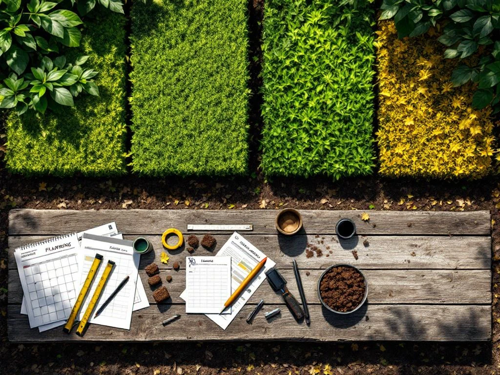 Luchtfoto van landschapsarchitect planningsgebied met beukenhaag in vier seizoenen en professionele gereedschappen