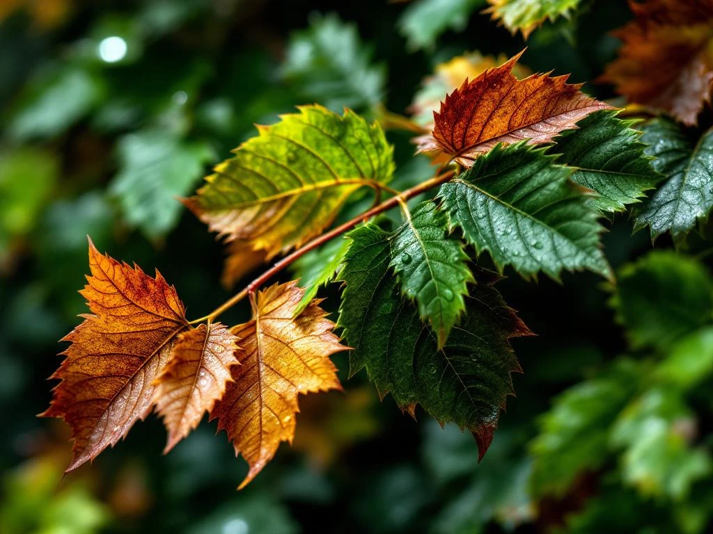 Beukhaag met gezonde groene bladeren die overgaan naar bruine, verwelkte bladeren met waterdruppels en natuurlijke belichting