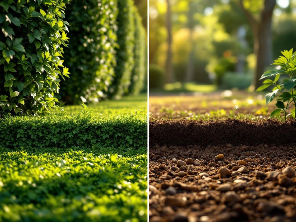 Beukhaag met en zonder bodembedekking: links weelderige groene mulch, rechts kale grond rond de heegroots
