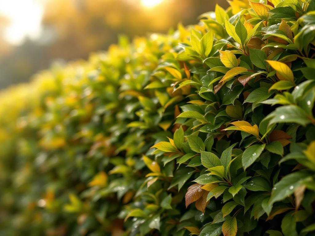 Dichte beukhaag met levendig groen blad en gouden herfstbladeren, dauwdruppels op gezond uitziende bladeren