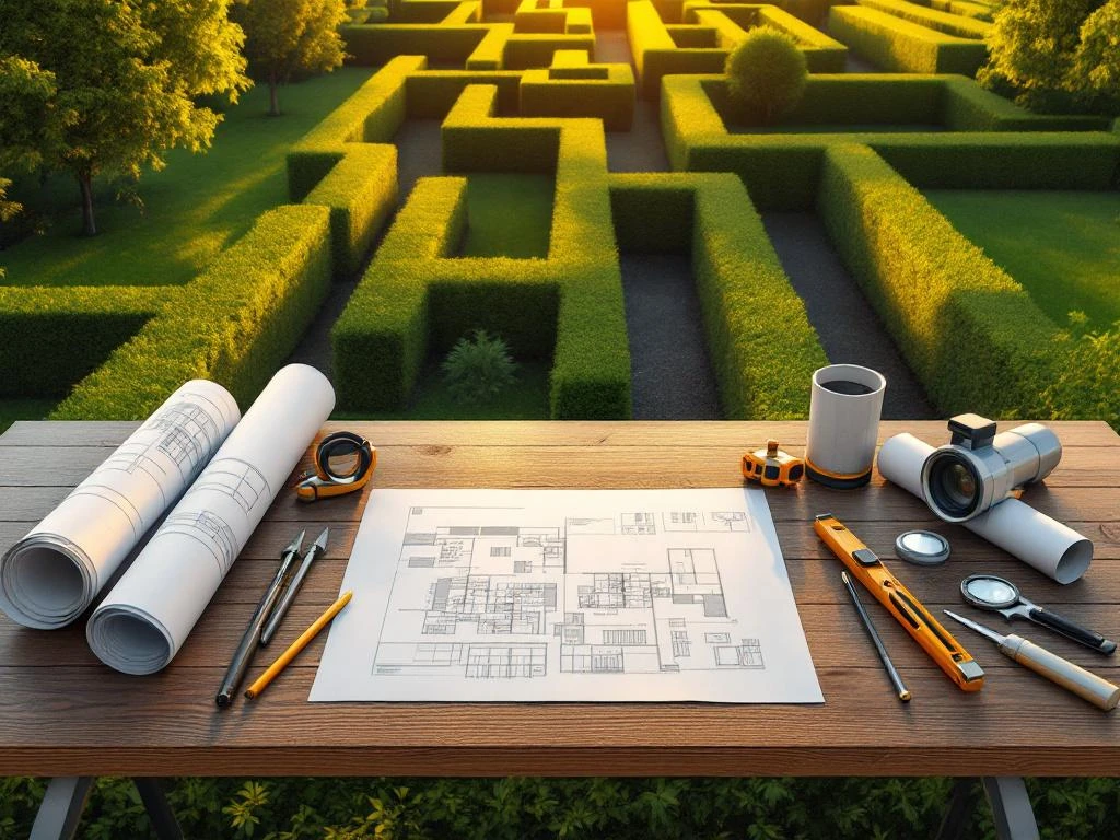 Luchtfoto van moderne gemeentelijke groene ruimte met geometrische beukenhaag patronen en landschapsarchitectuur blauwdrukken