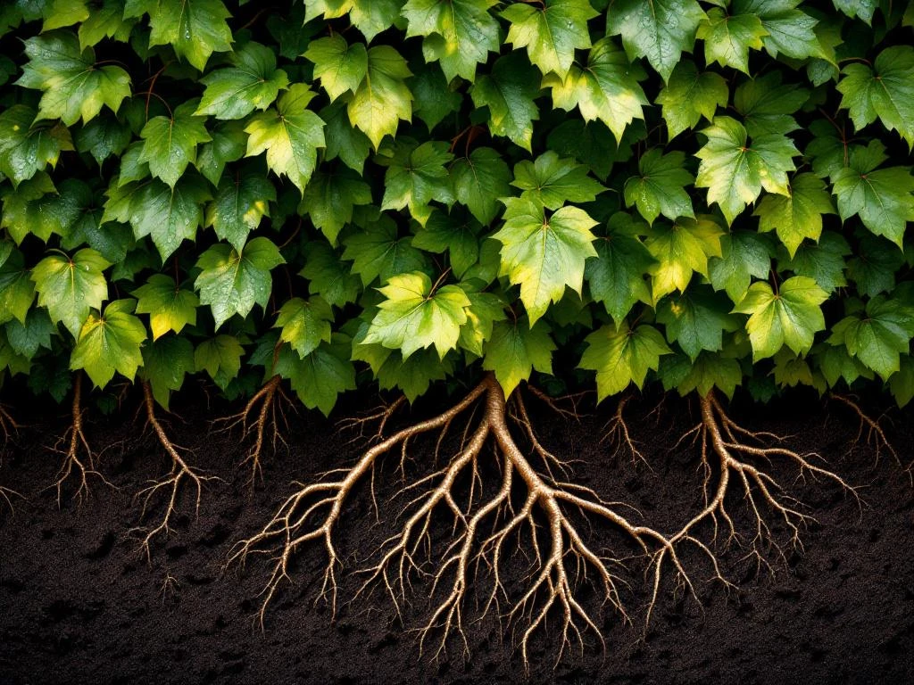 Gezonde commerciële beukenhaag met weelderig groen blad, wortelstelsels in donkere aarde en natuurlijk zonlicht