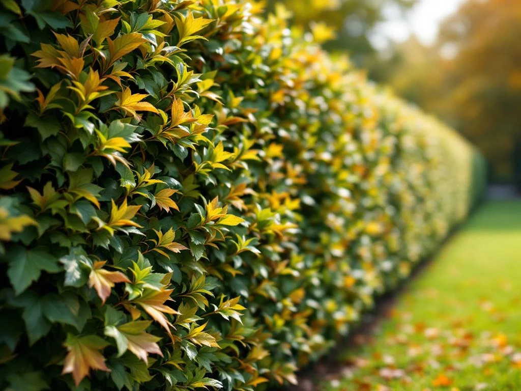 Dichte beukenhaag met groene en goudbruine herfstbladeren in goed onderhouden tuin, perfecte uniformiteit