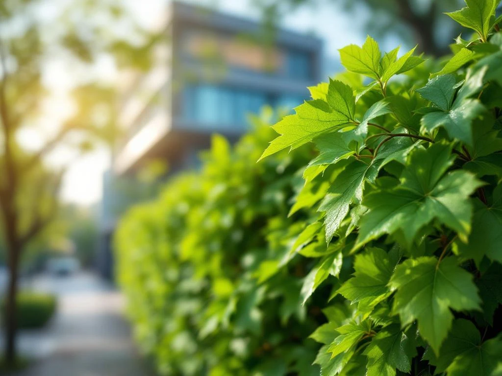 Groene beukenheg bladeren met dauwdruppels op voorgrond, wazig kantoorgebouw op achtergrond