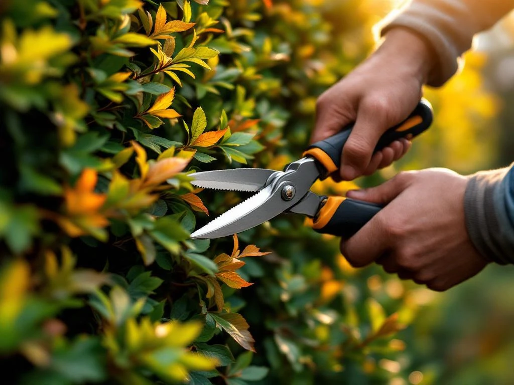 Professionele handen snoeien beukhaag met schaar, herfstbladeren groen en koperbruin, tuinonderhoud in zonlicht