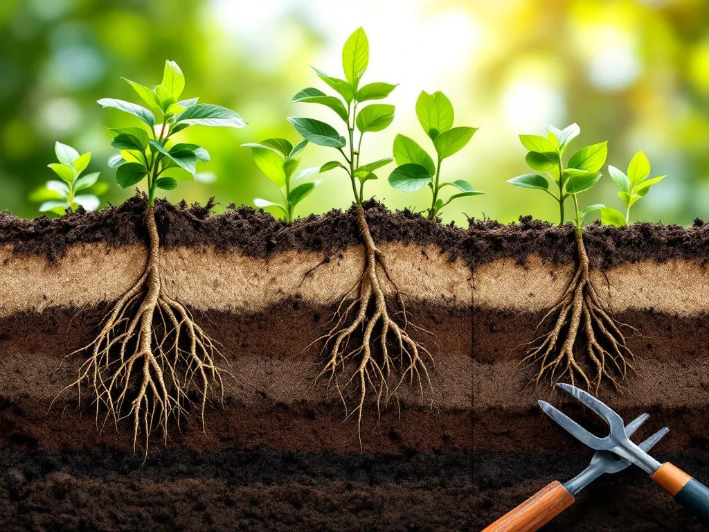 Dwarsdoorsnede van verschillende grondlagen met wortelstelsels: zandgrond, kleigrond en leem met tuingereedschap