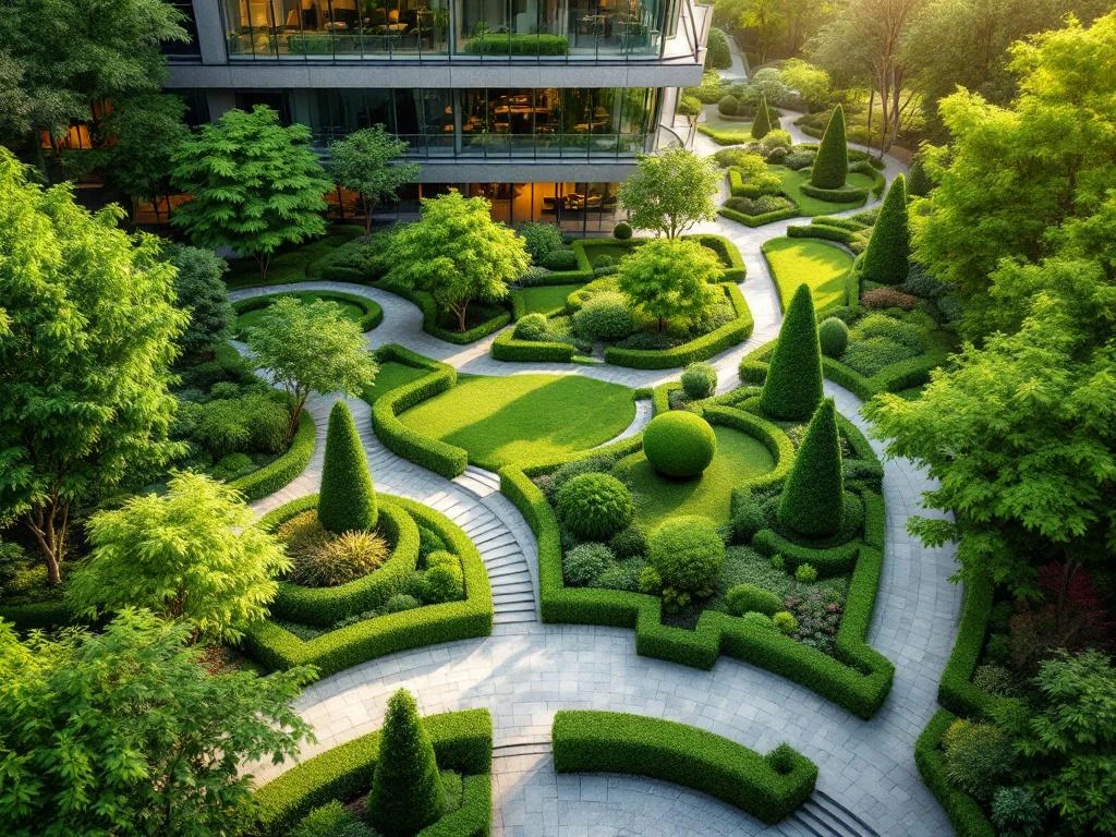 Luchtfoto van modern kantoorcomplex omringd door professioneel aangelegde tuinen met hagen en sierstruiken