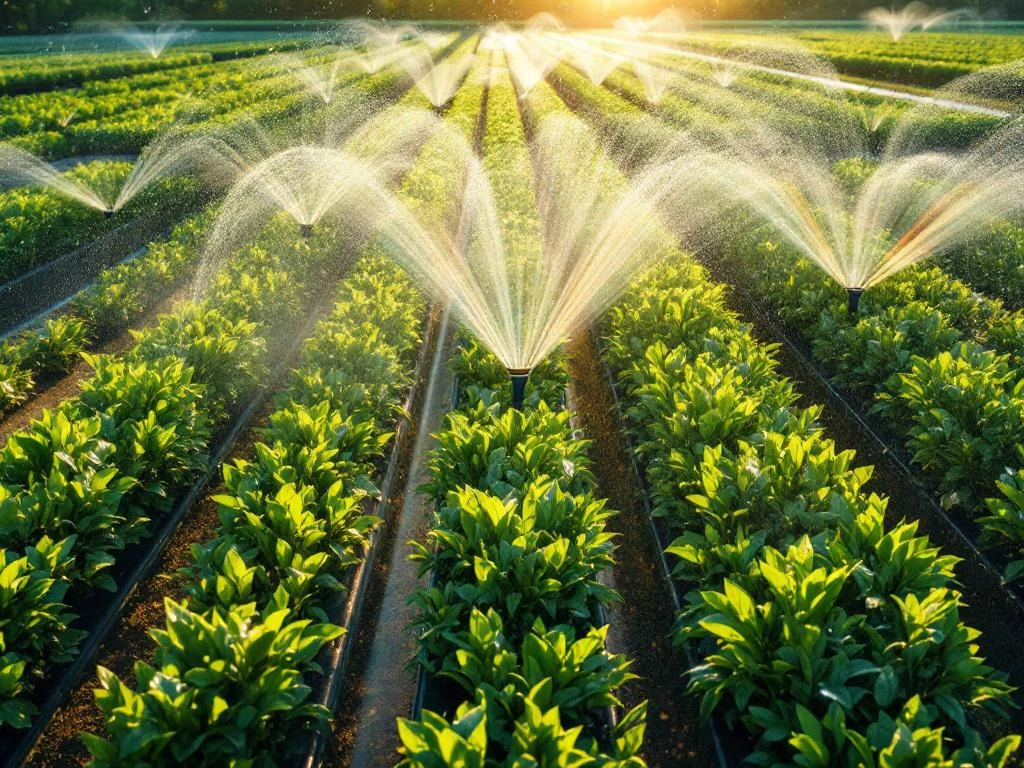Luchtfoto van moderne commerciële kwekerij met automatische irrigatiesystemen en groene planten in gouden zonlicht