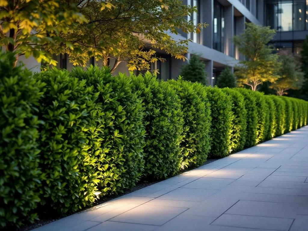 Moderne bedrijfstuin met groene beukenhaag langs kantoorgebouw, sierlijke bomen en professionele verlichting